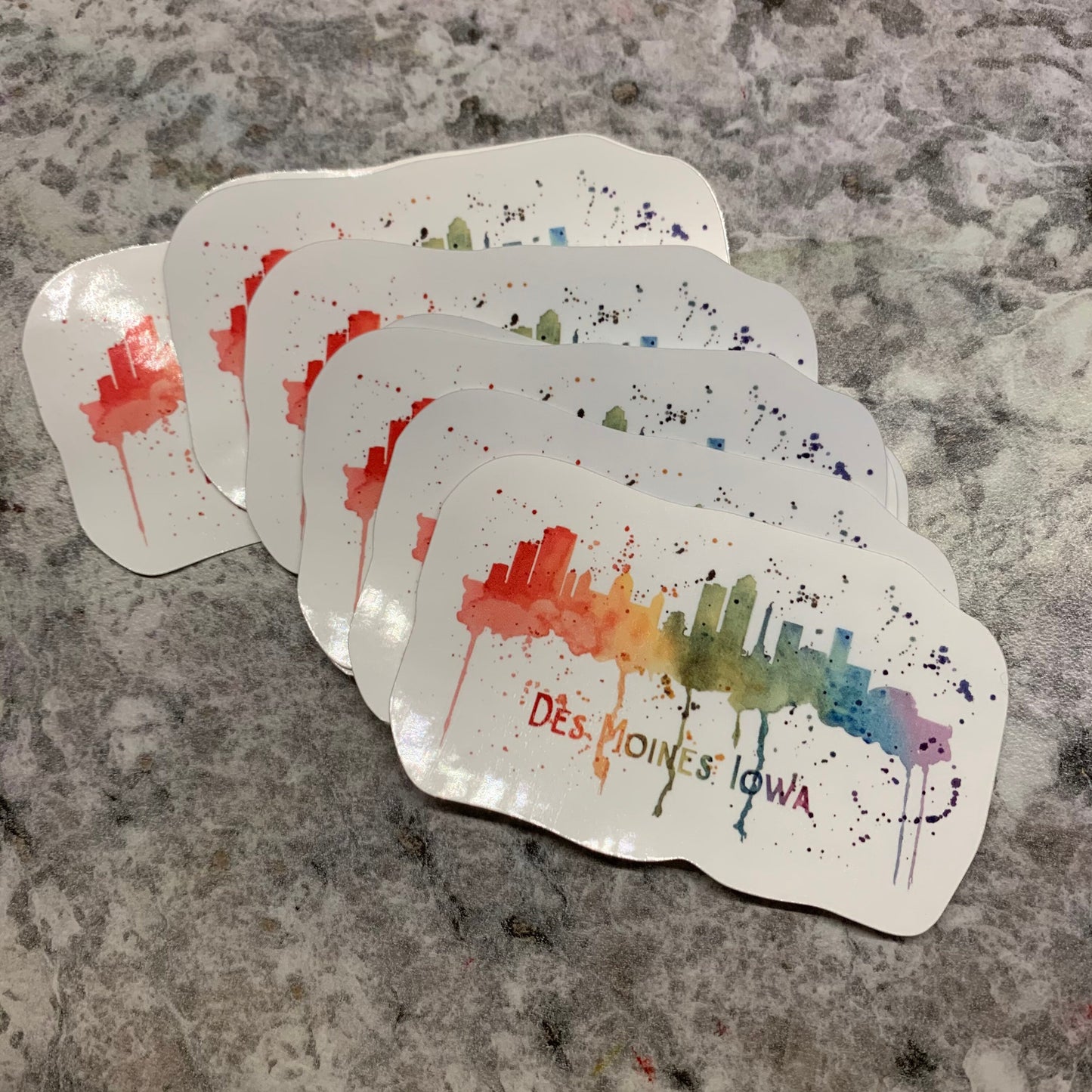 Watercolor Des Moines” Skyline Rainbow Splatter, Die Cut Laminated Vinyl Stickers, Water Resistant