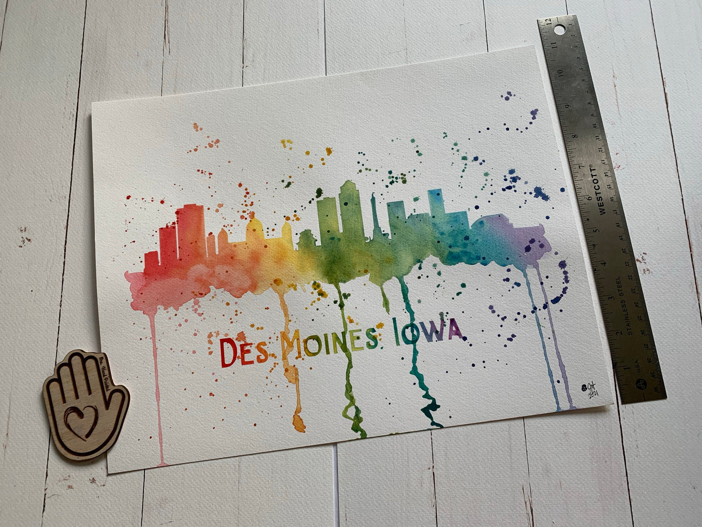 Des Moines, Iowa Rainbow Watercolor Skyline Painting, 11x14 Original Watercolor on Cotton Paper by Jodie Hand @mrshandpainted