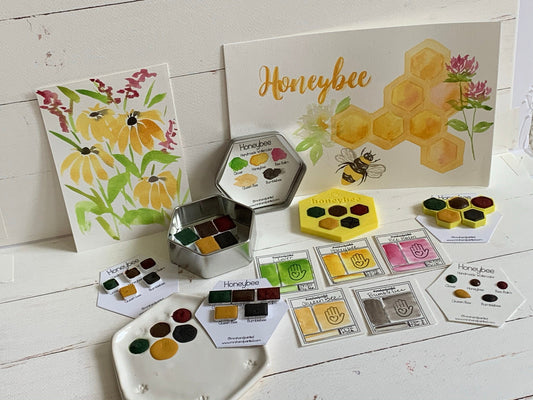 Handmade Watercolor Paints - HONEYBEE - Artisan Paint Palette, Set of 5 Watercolors, 4 Matte, 1 Shimmer Color