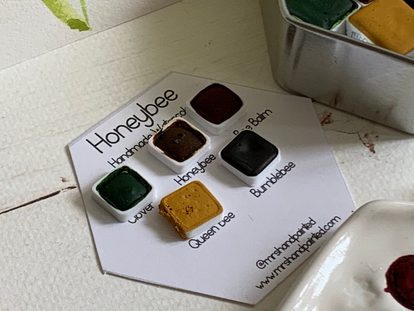 Handmade Watercolor Paints - HONEYBEE - Artisan Paint Palette, Set of 5 Watercolors, 4 Matte, 1 Shimmer Color