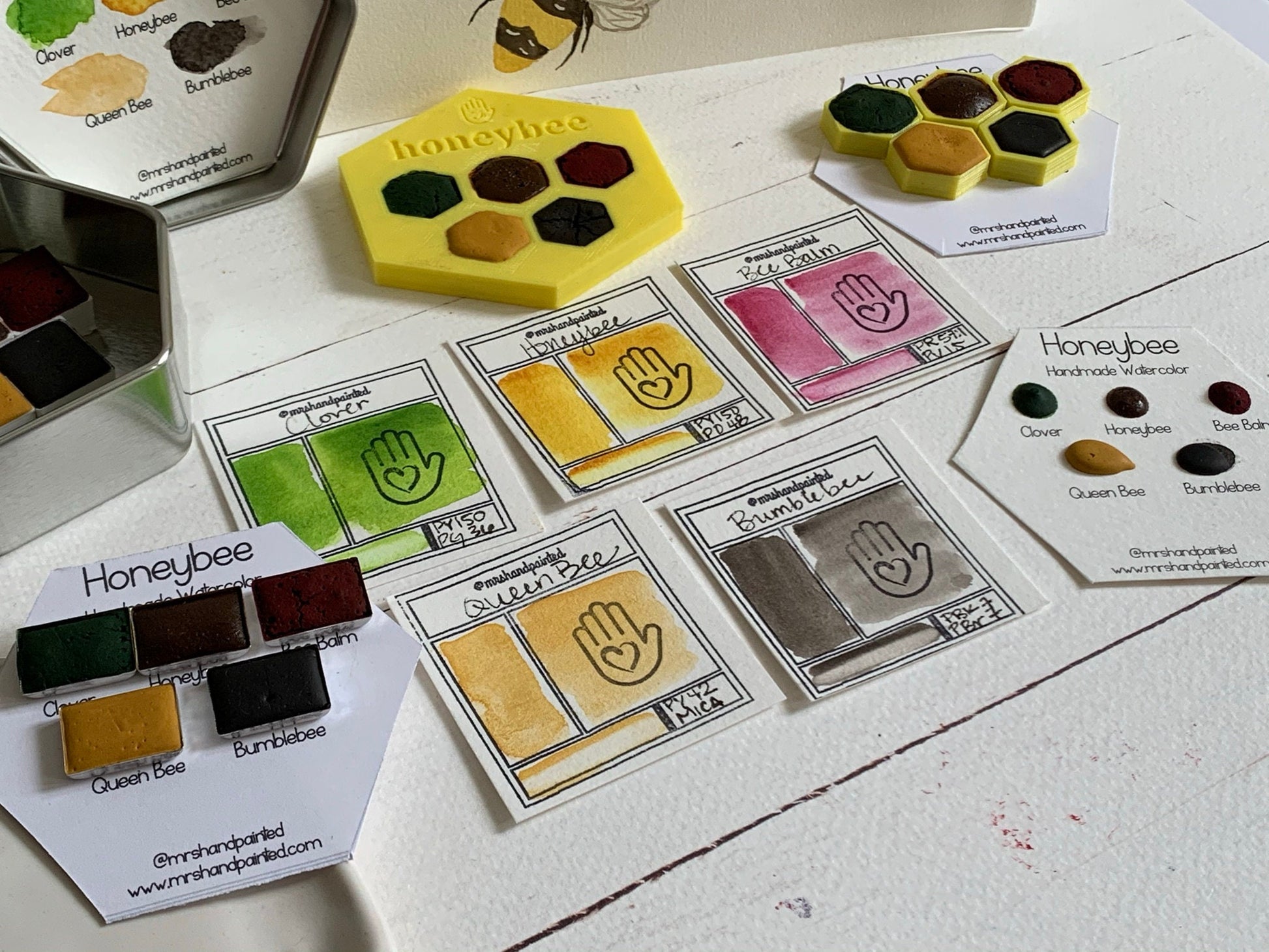 Handmade Watercolor Paints - HONEYBEE - Artisan Paint Palette, Set of 5 Watercolors, 4 Matte, 1 Shimmer Color