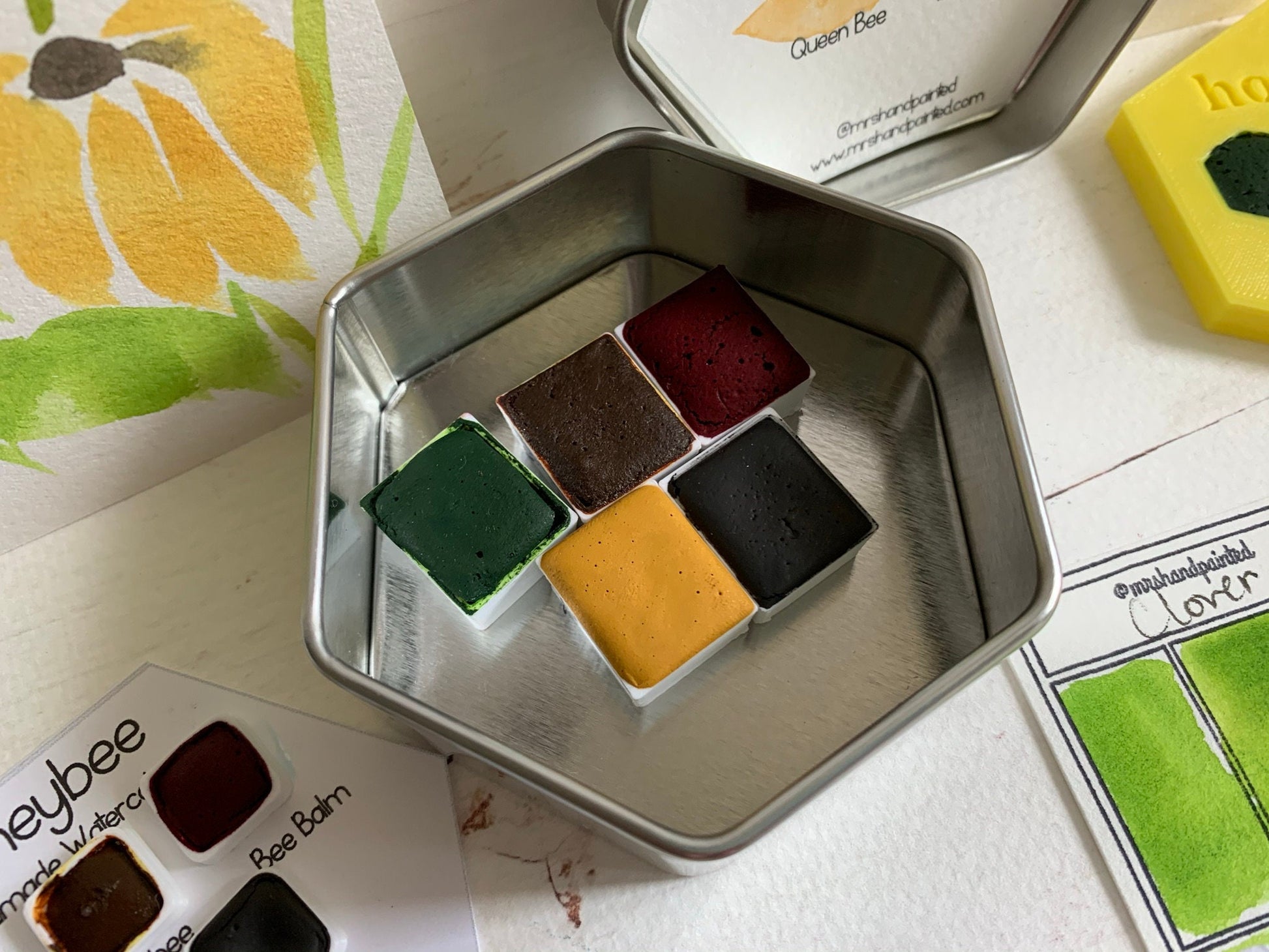 Handmade Watercolor Paints - HONEYBEE - Artisan Paint Palette, Set of 5 Watercolors, 4 Matte, 1 Shimmer Color