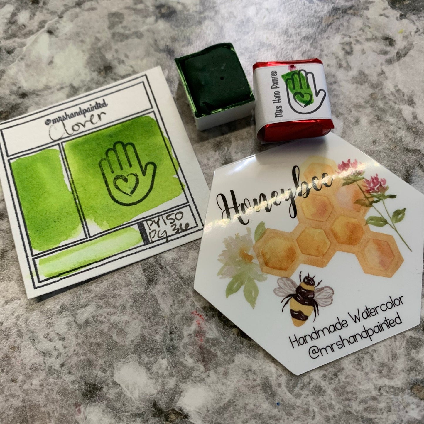 Handmade Watercolor Paints - CLOVER - Honeybee Collection Single Pan Artisan Paint Palette, Half Pans Matte Watercolor, Yellow Green Shade