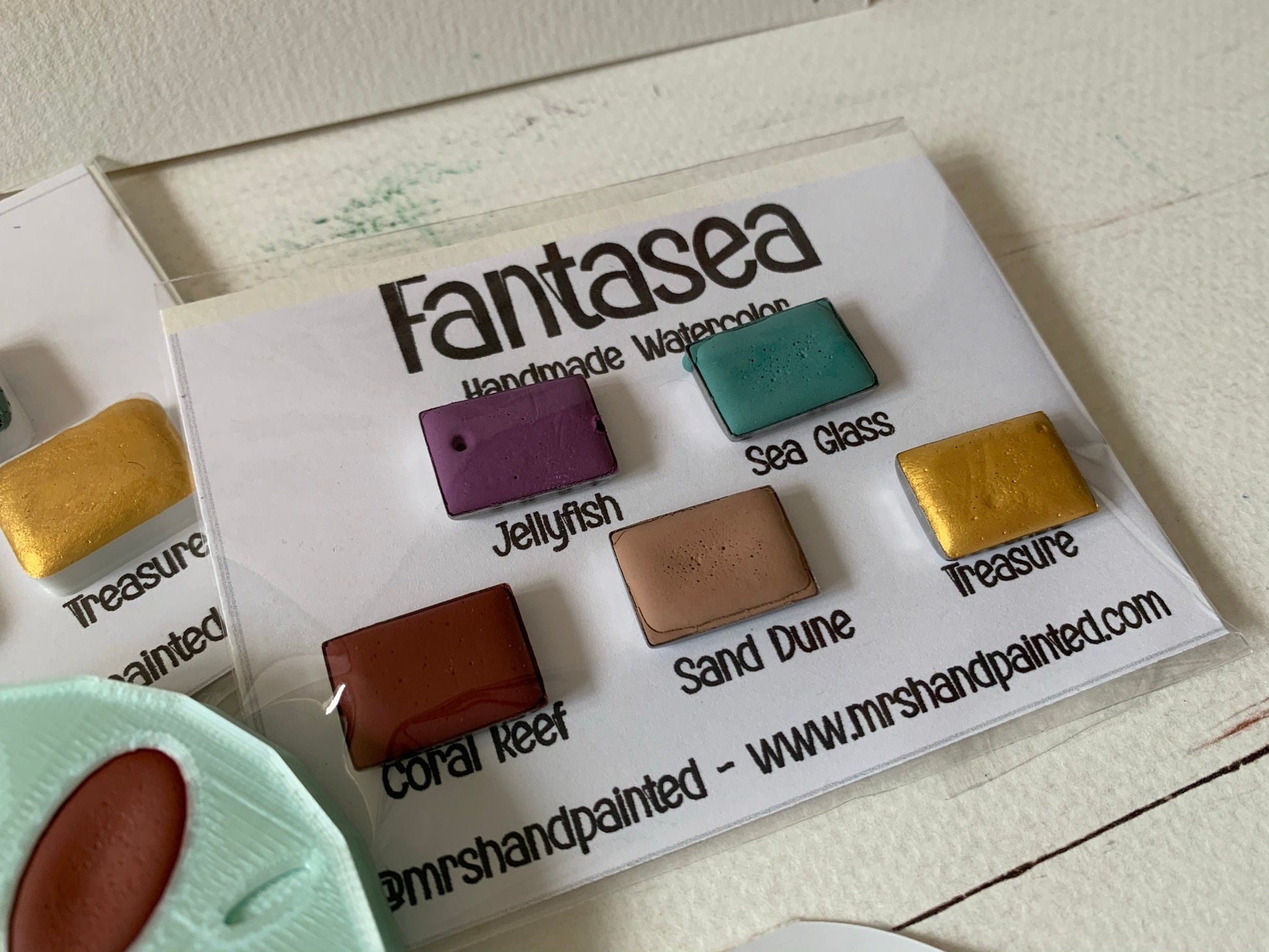 Handmade Watercolor Paints - FANTASEA - Artisan Paint Palette, Set of 5 Watercolors, 4 Matte, 1 Shimmer Color