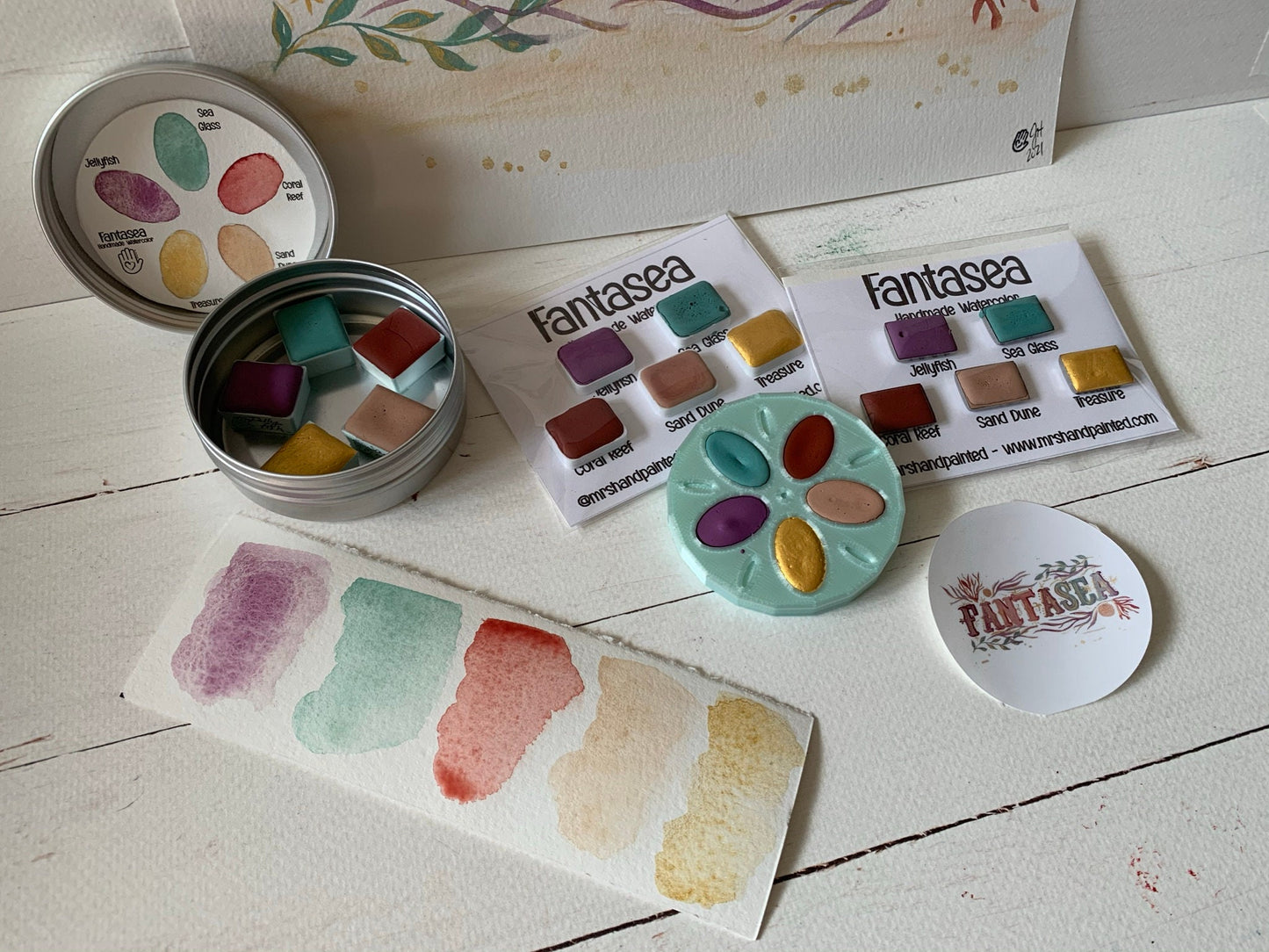 Handmade Watercolor Paints - FANTASEA - Artisan Paint Palette, Set of 5 Watercolors, 4 Matte, 1 Shimmer Color