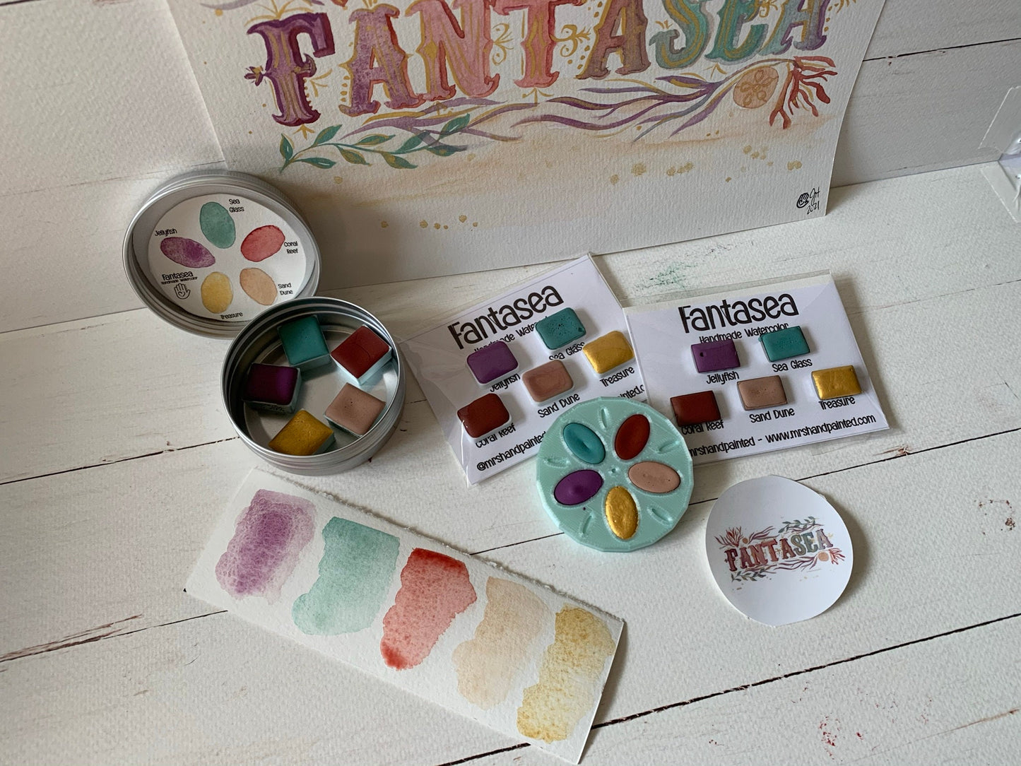 Handmade Watercolor Paints - FANTASEA - Artisan Paint Palette, Set of 5 Watercolors, 4 Matte, 1 Shimmer Color