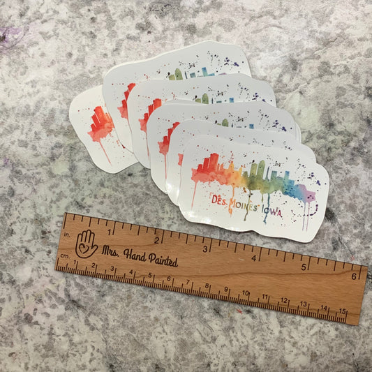 Watercolor Des Moines” Skyline Rainbow Splatter, Die Cut Laminated Vinyl Stickers, Water Resistant