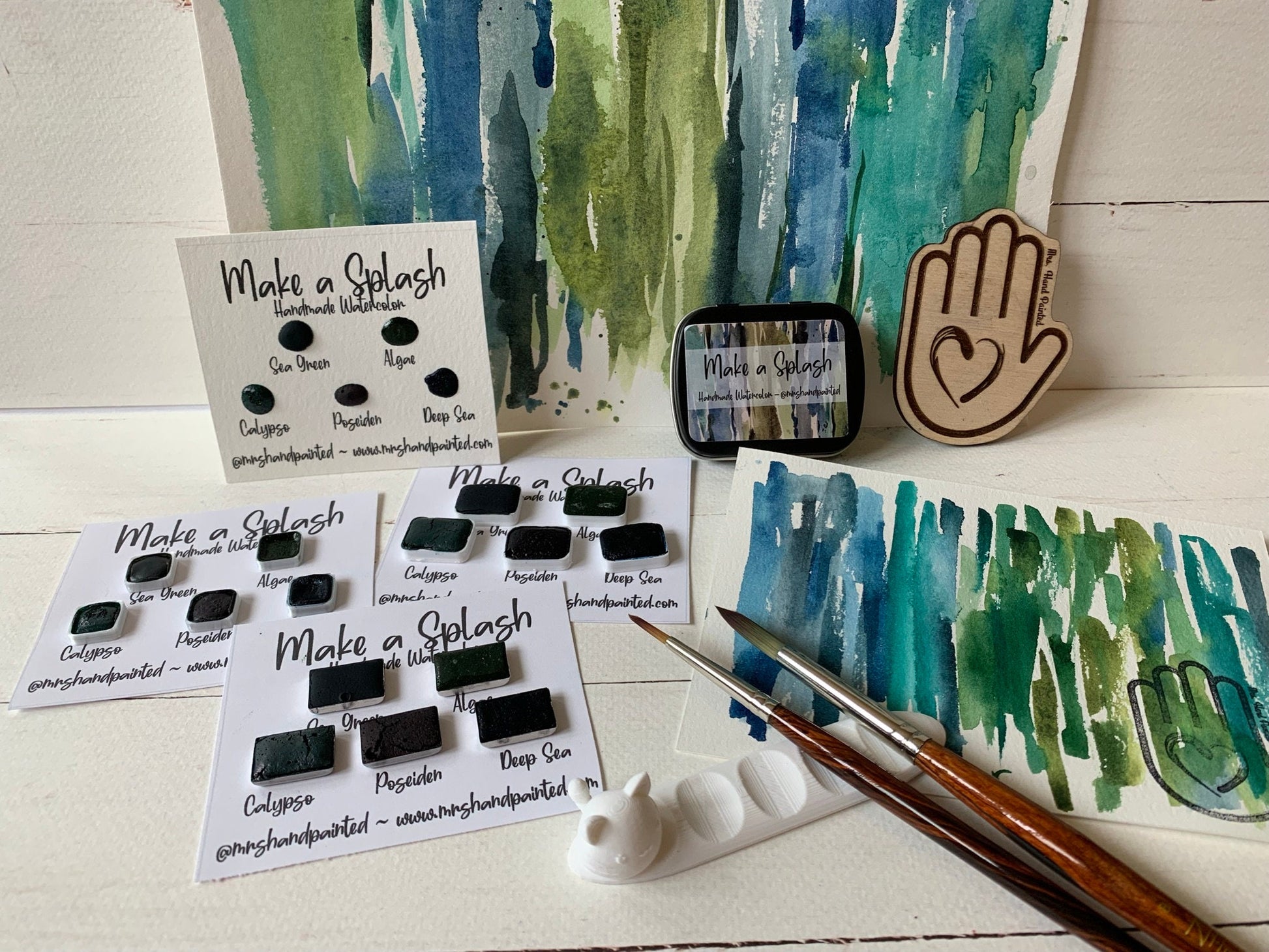 Handmade Watercolor Paints - MAKE A SPLASH - Artisan Paint Palette, Set of 5 Matte Watercolors, Blue and Green collection