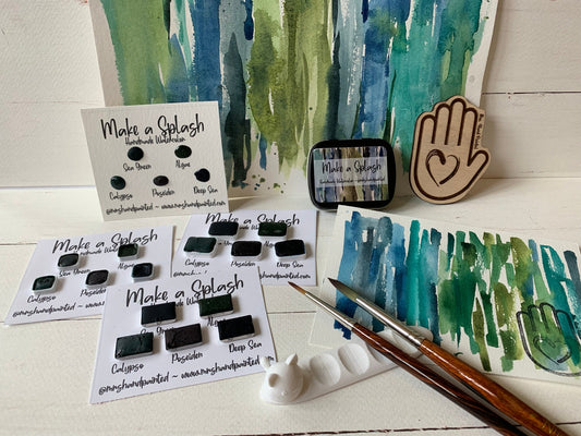 Handmade Watercolor Paints - MAKE A SPLASH - Artisan Paint Palette, Set of 5 Matte Watercolors, Blue and Green collection