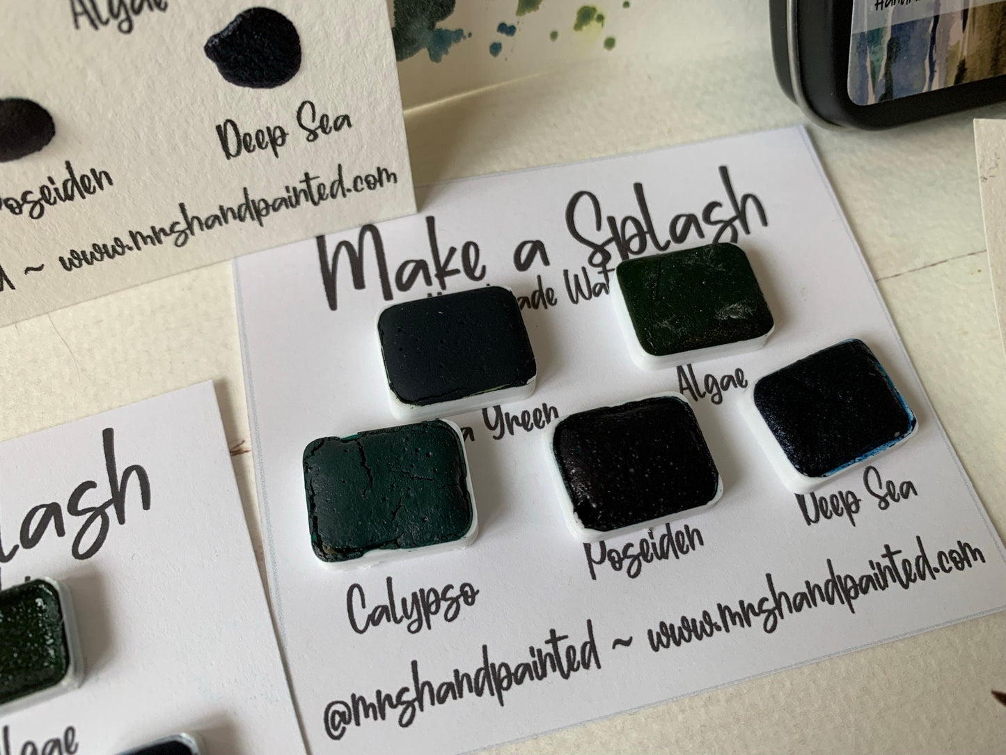 Handmade Watercolor Paints - MAKE A SPLASH - Artisan Paint Palette, Set of 5 Matte Watercolors, Blue and Green collection