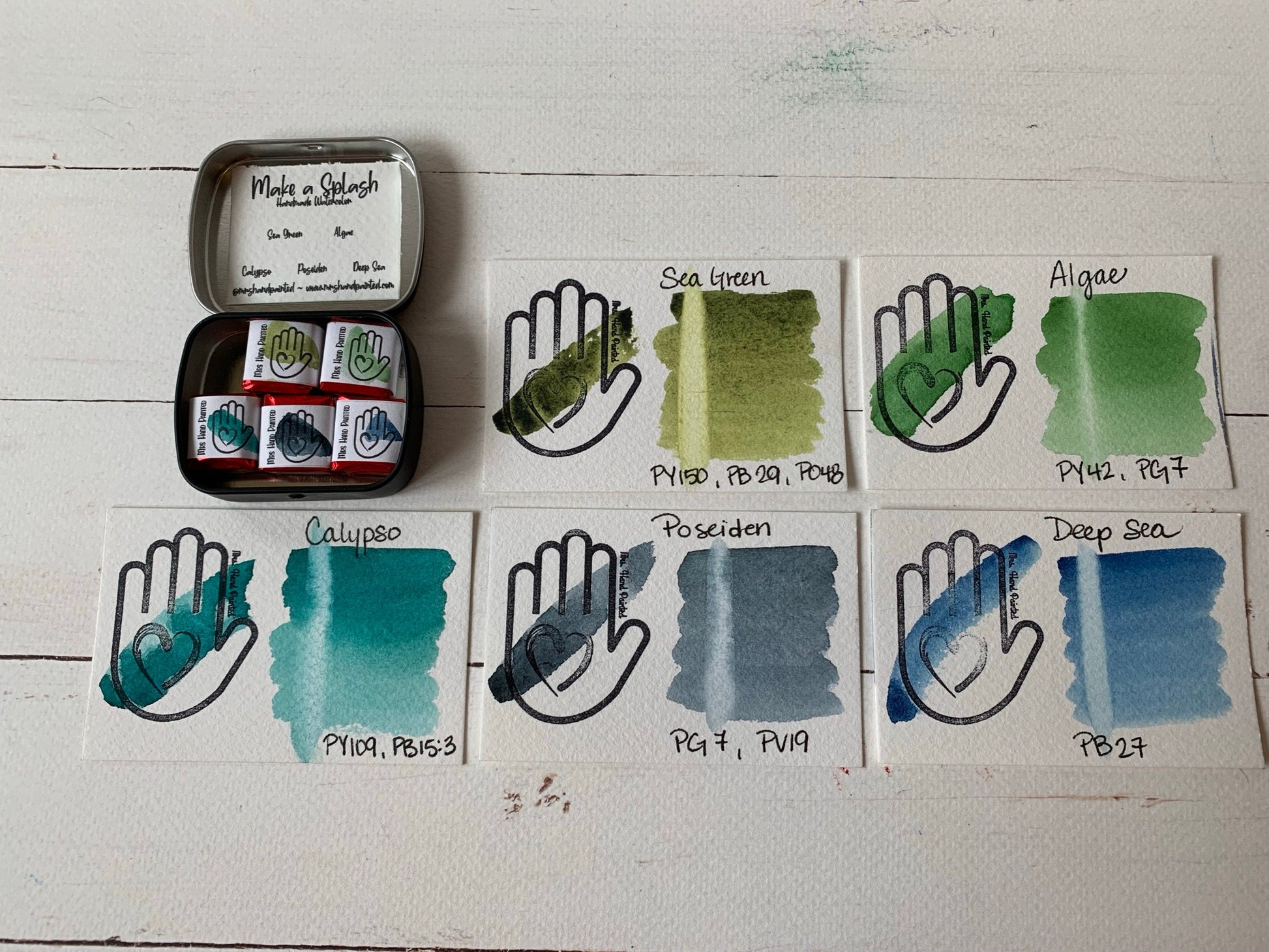 Handmade Watercolor Paints - MAKE A SPLASH - Artisan Paint Palette, Set of 5 Matte Watercolors, Blue and Green collection