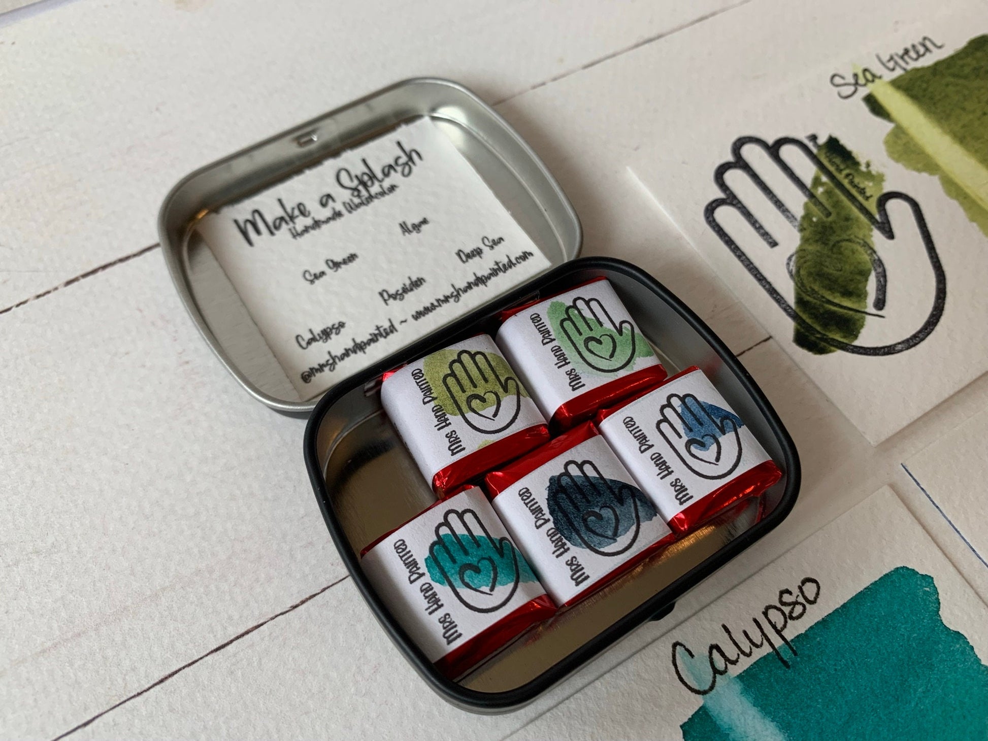 Handmade Watercolor Paints - MAKE A SPLASH - Artisan Paint Palette, Set of 5 Matte Watercolors, Blue and Green collection