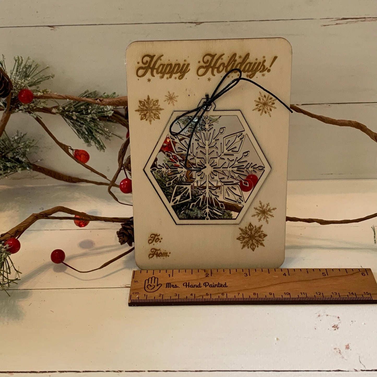Laser Cut Wood Pop Out Ornament Card - Snowflake - Happy Holidays - Unfinished Wood
