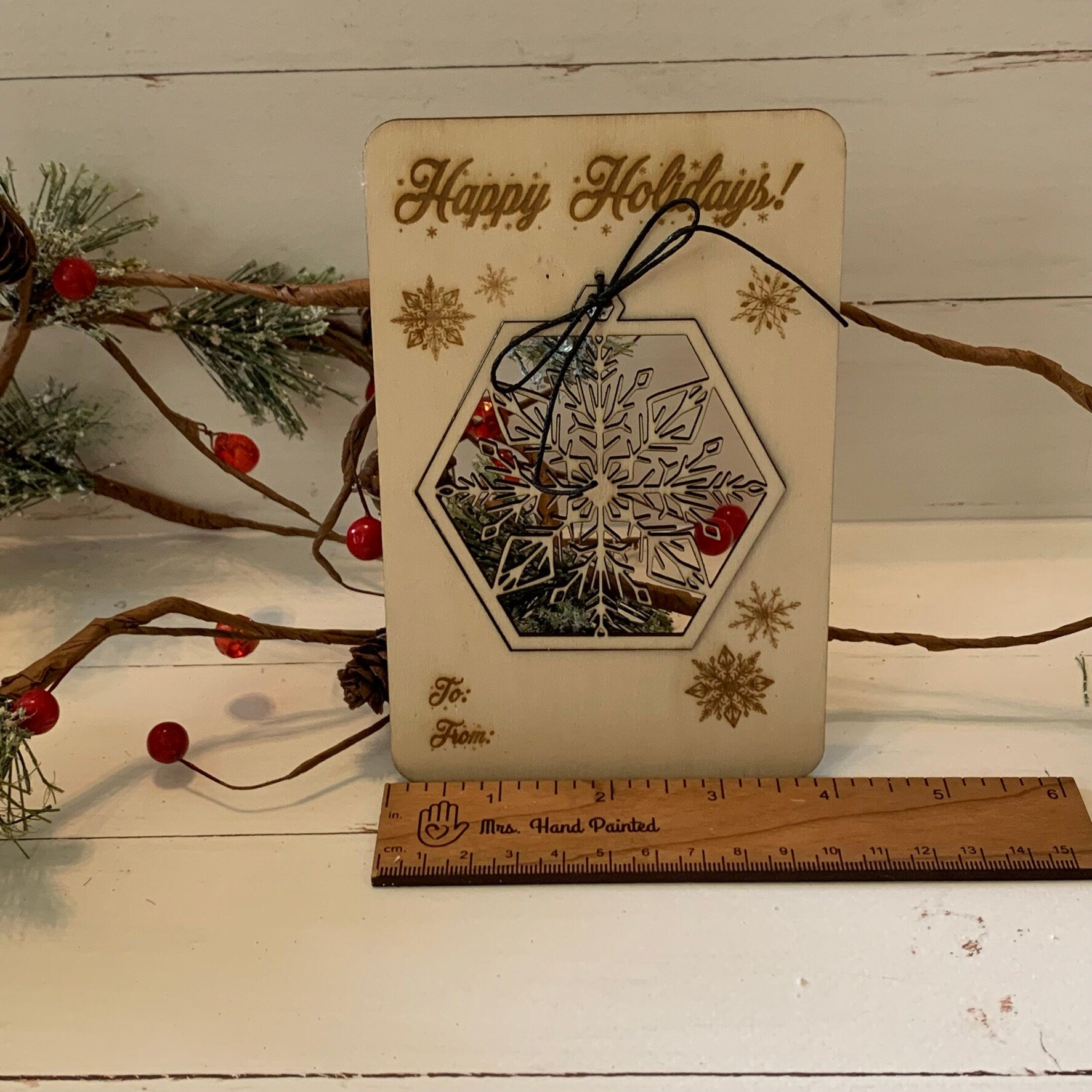 Laser Cut Wood Pop Out Ornament Card - Snowflake - Happy Holidays - Unfinished Wood