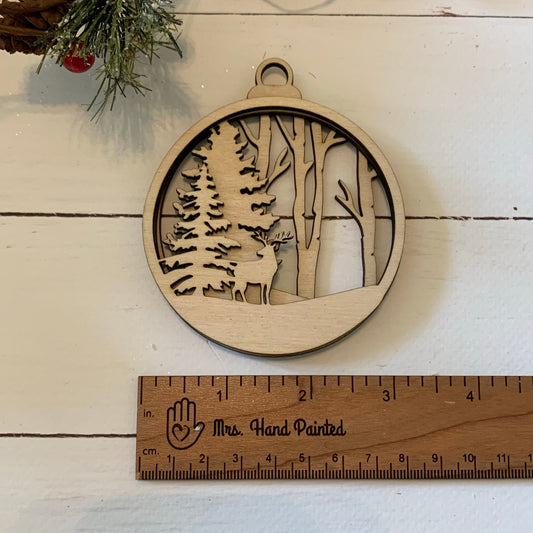 Laser Cut Wood Layered Ornament - Reindeer and Woodland Scene, Pine Trees, Birch Trees, Deer - Unfinished Wood - Personalization with Name