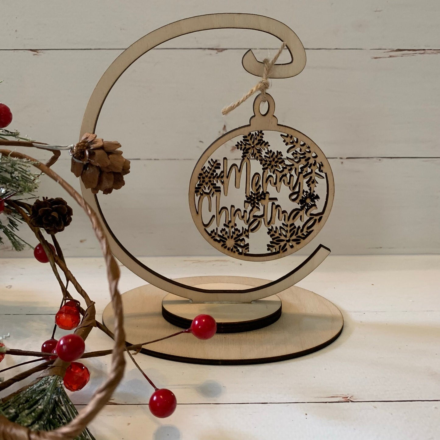 Laser Cut Wood Merry Christmas with Snowflakes Ornament