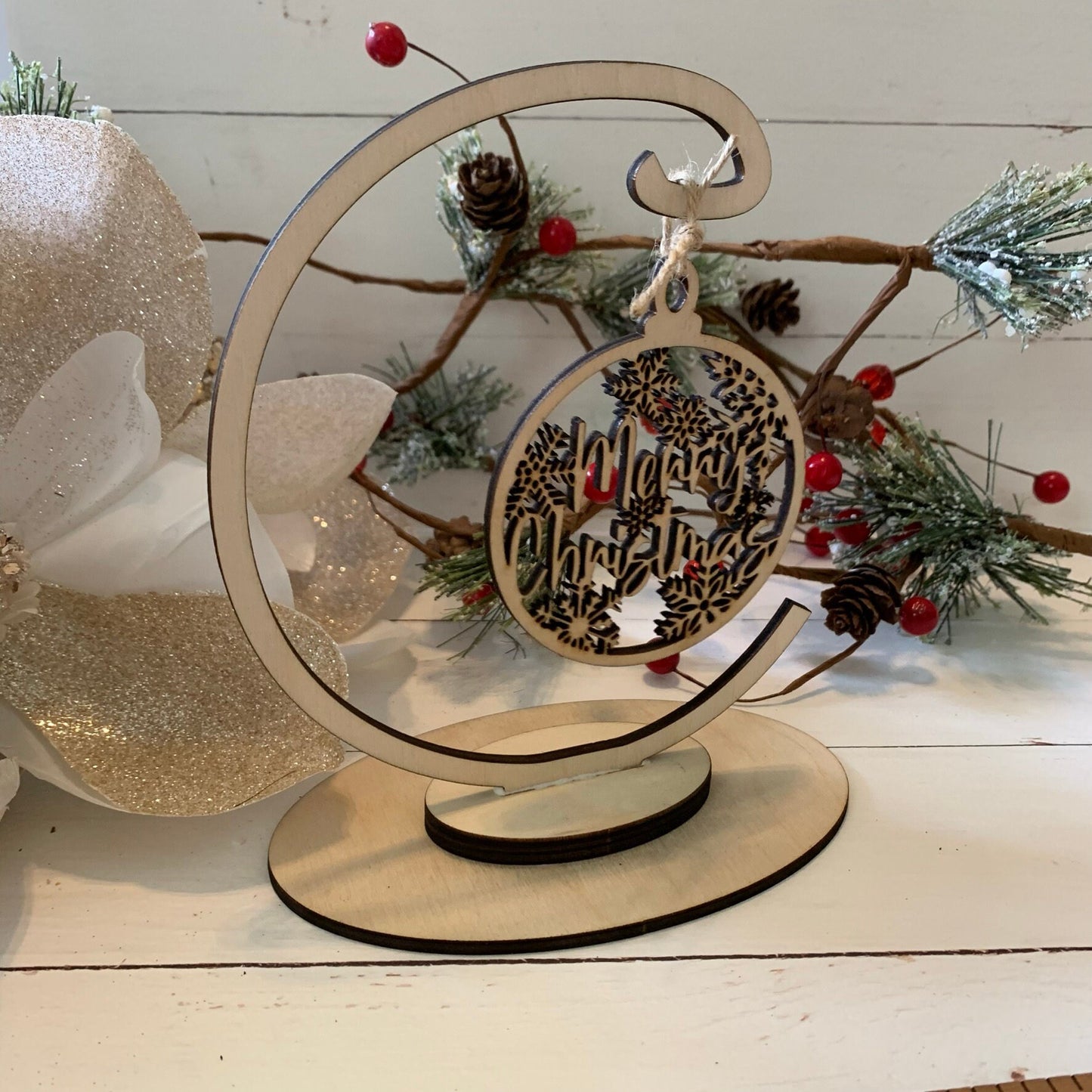 Laser Cut Wood "Merry Christmas" with Snowflakes Ornaments - Delicate Rustic Christmas Holiday Decor - Unfinished Wood
