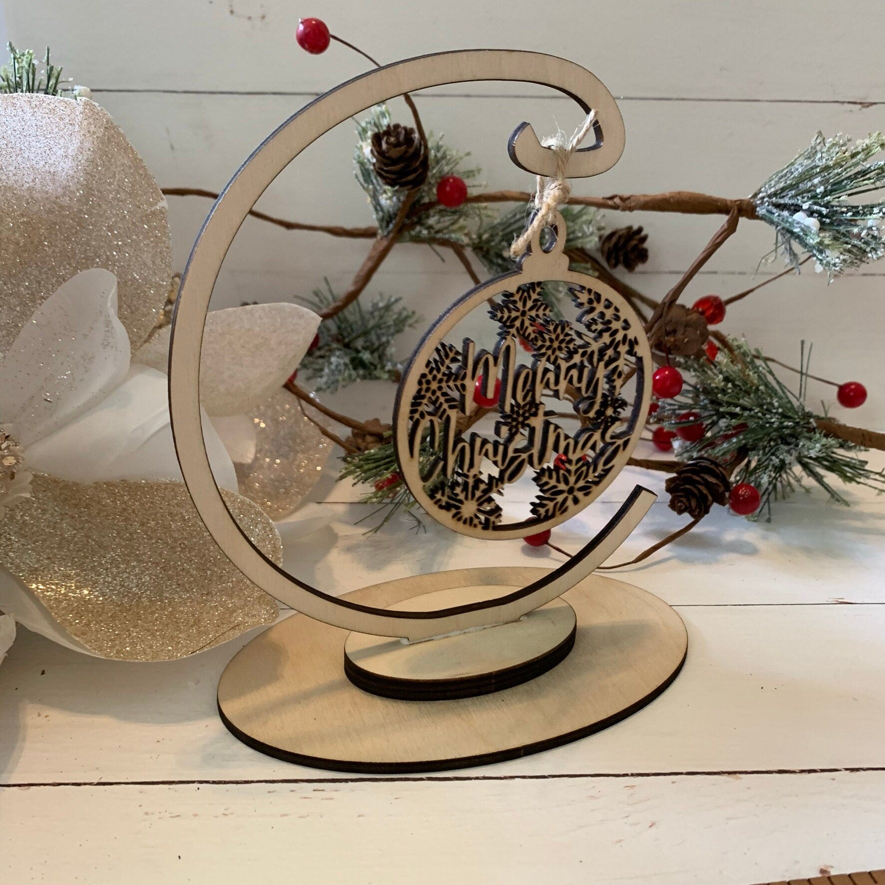 Laser Cut Wood "Merry Christmas" with Snowflakes Ornaments - Delicate Rustic Christmas Holiday Decor - Unfinished Wood