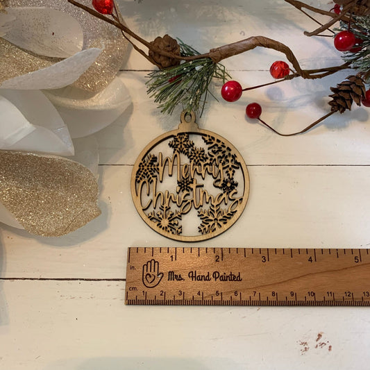Laser Cut Wood "Merry Christmas" with Snowflakes Ornaments - Delicate Rustic Christmas Holiday Decor - Unfinished Wood