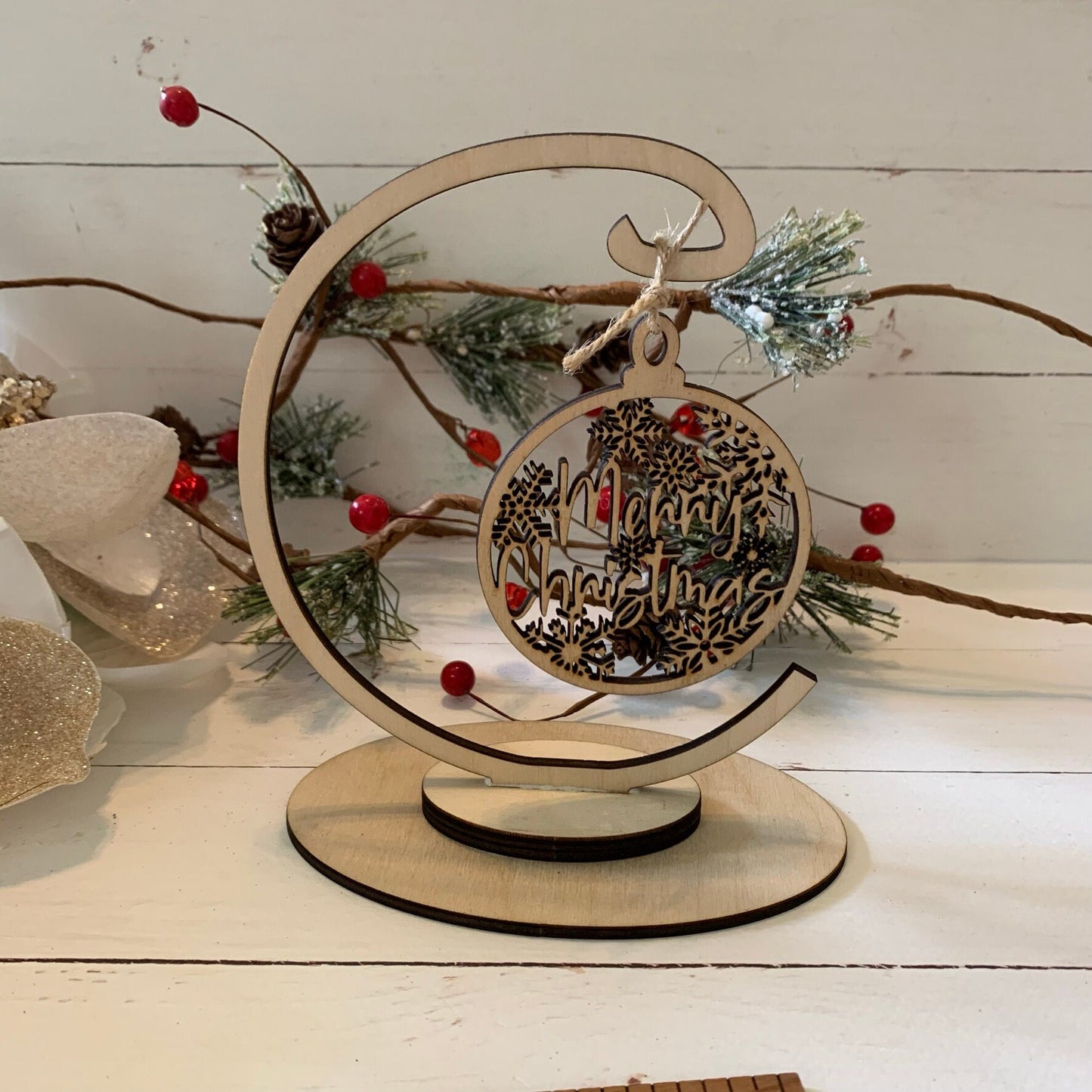 Laser Cut Wood Merry Christmas with Snowflakes Ornament
