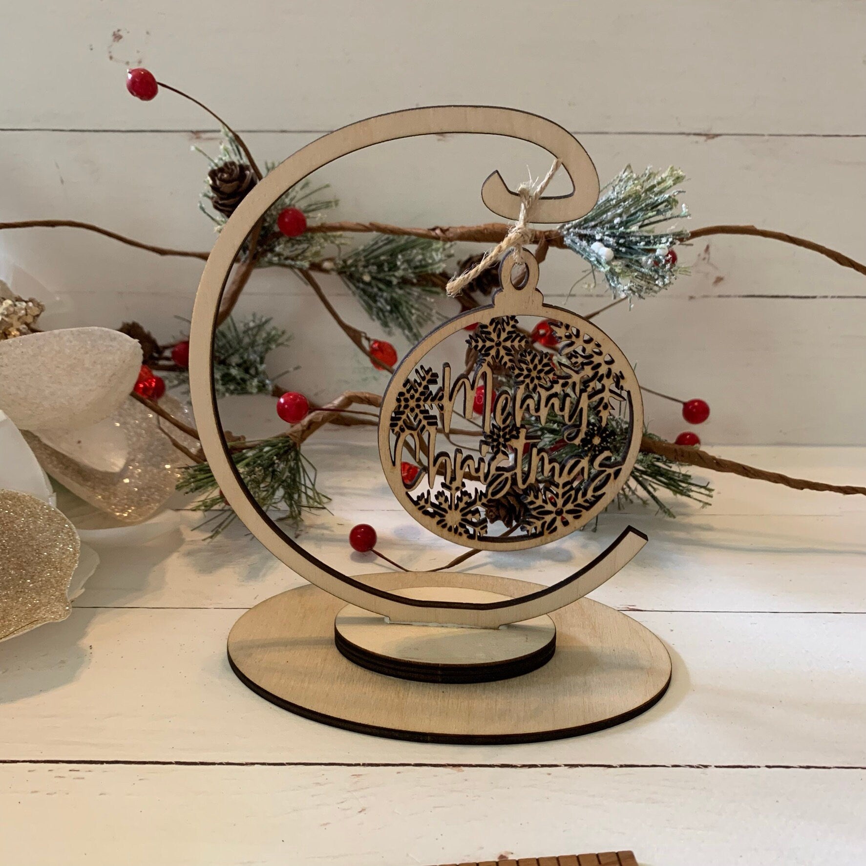 Laser Cut Wood "Merry Christmas" with Snowflakes Ornaments - Delicate Rustic Christmas Holiday Decor - Unfinished Wood