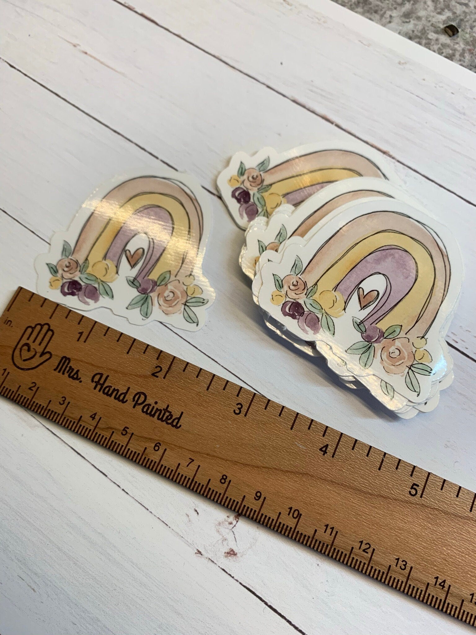 Watercolor Boho "Rainbow with Flowers" Die Cut Laminated Vinyl Stickers, Waterproof Glossy Vinyl