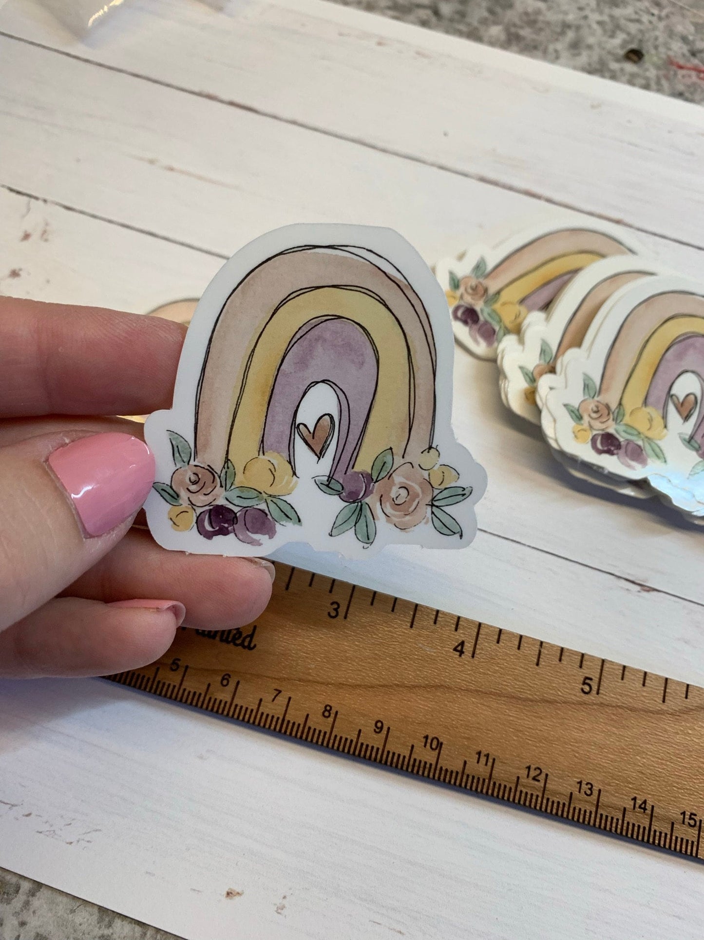 Watercolor Boho Rainbow with Flowers Die Cut Laminated Vinyl Stickers