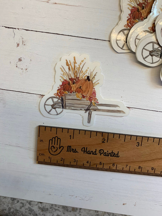 Fall Floral Wheelbarrow with Pumpkins Die Cut Laminated Vinyl Stickers, Waterproof Glossy Vinyl