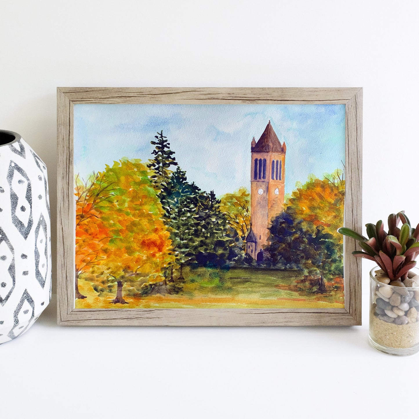Iowa State Campanile at Autumn Watercolor Landscape - Fine Art Print - Reproduction Giclee Print