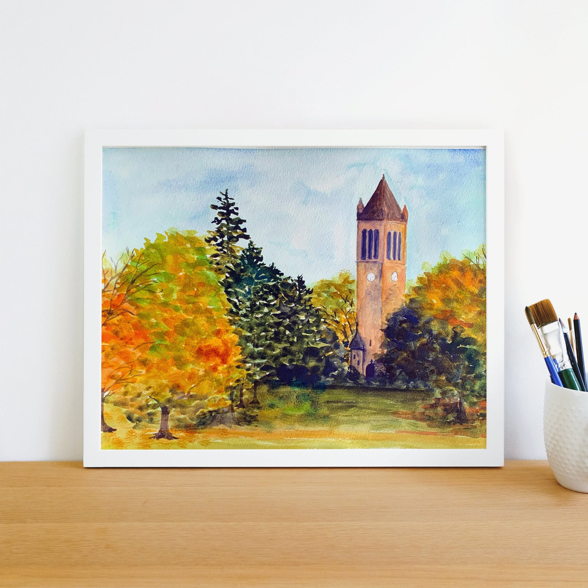 Iowa State Campanile at Autumn Watercolor Landscape - Fine Art Print - Reproduction Giclee Print