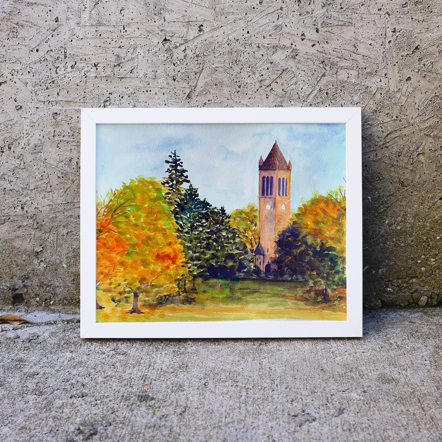 Iowa State Campanile at Autumn Watercolor Landscape - Fine Art Print - Reproduction Giclee Print