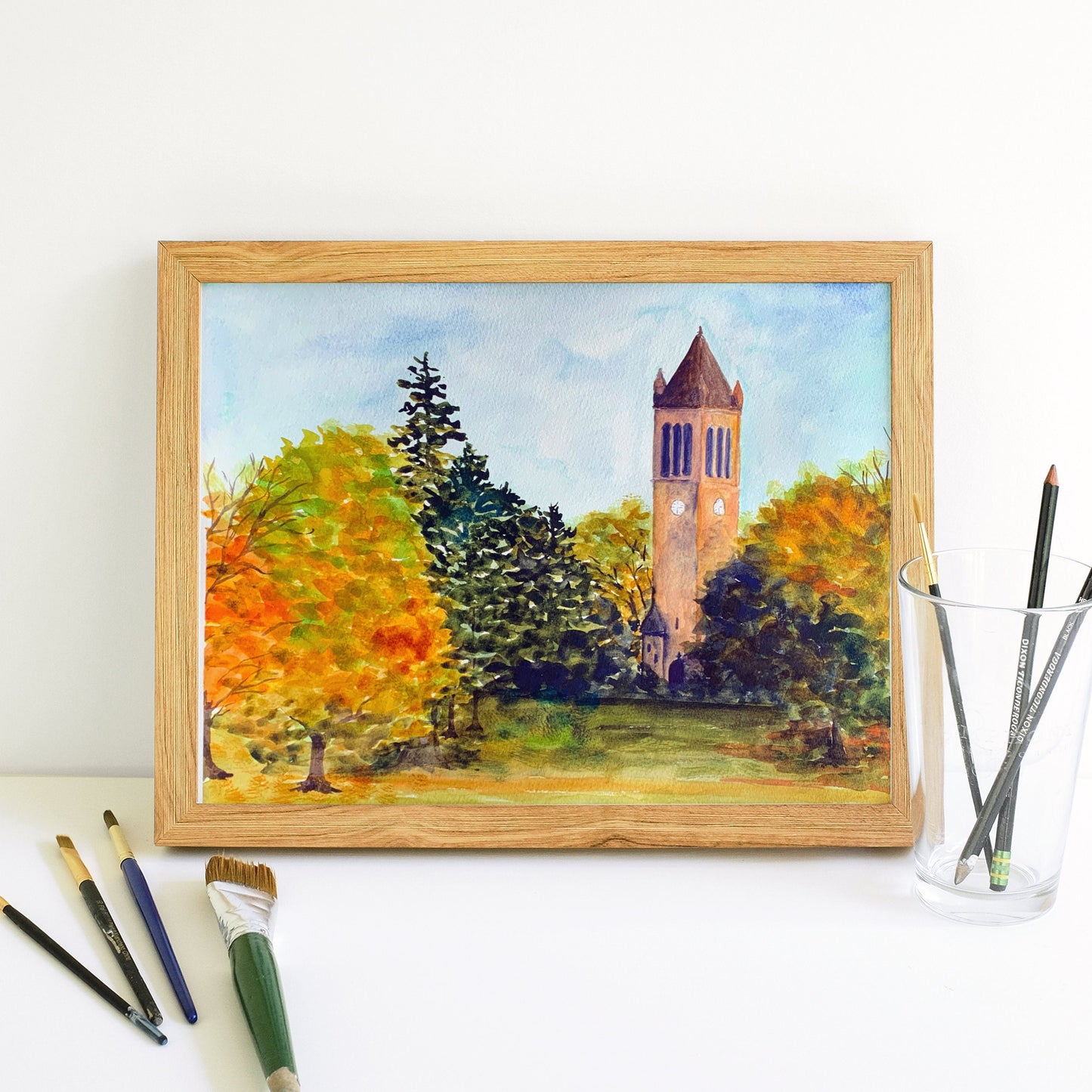 Iowa State Campanile at Autumn Watercolor Landscape - Fine Art Print - Reproduction Giclee Print