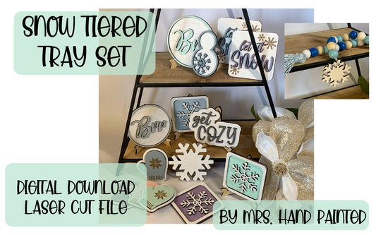 Laser Cut File - Snowflake and Snowman Theme Tiered Tray Pieces - Digital Download SVG, DXF, AI files