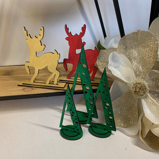 Retro Reindeer and Polka Dot Trees - Christmas Tiered Tray Decor - Laser Cut Wood Painted, Mid Century Modern Theme Decorations