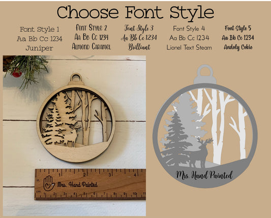 Laser Cut Wood Layered Ornament - Reindeer and Woodland Scene, Pine Trees, Birch Trees, Deer - Unfinished Wood - Personalization with Name