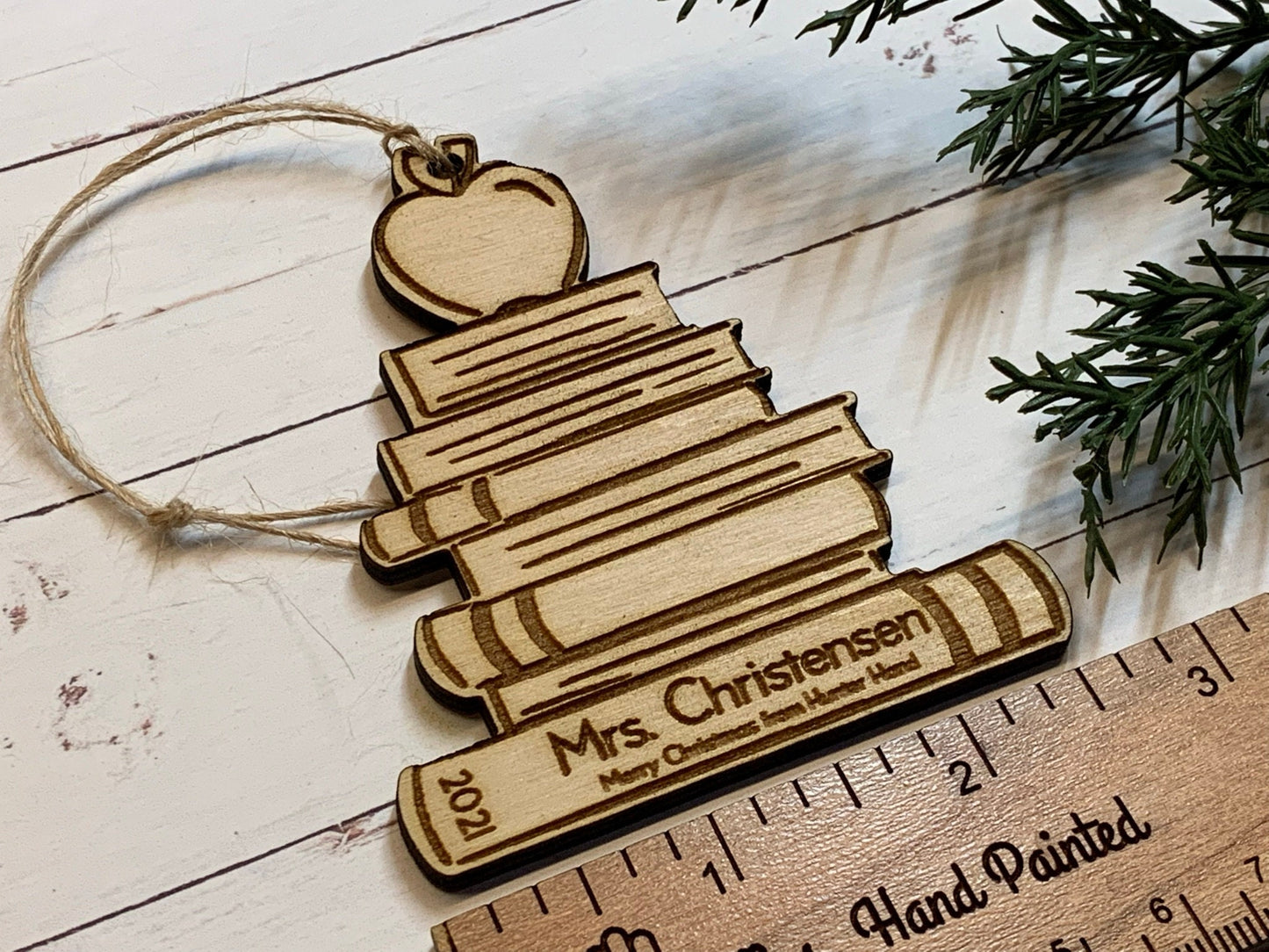 Digital Cut File - Laser Cut Wood Book Stack with an Apple Ornament - Personalized Teacher Gift, Gift for Librarian or Teacher