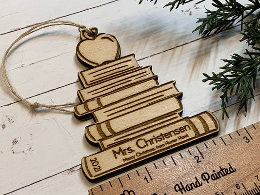 Digital Cut File - Laser Cut Wood Book Stack with an Apple Ornament - Personalized Teacher Gift, Gift for Librarian or Teacher