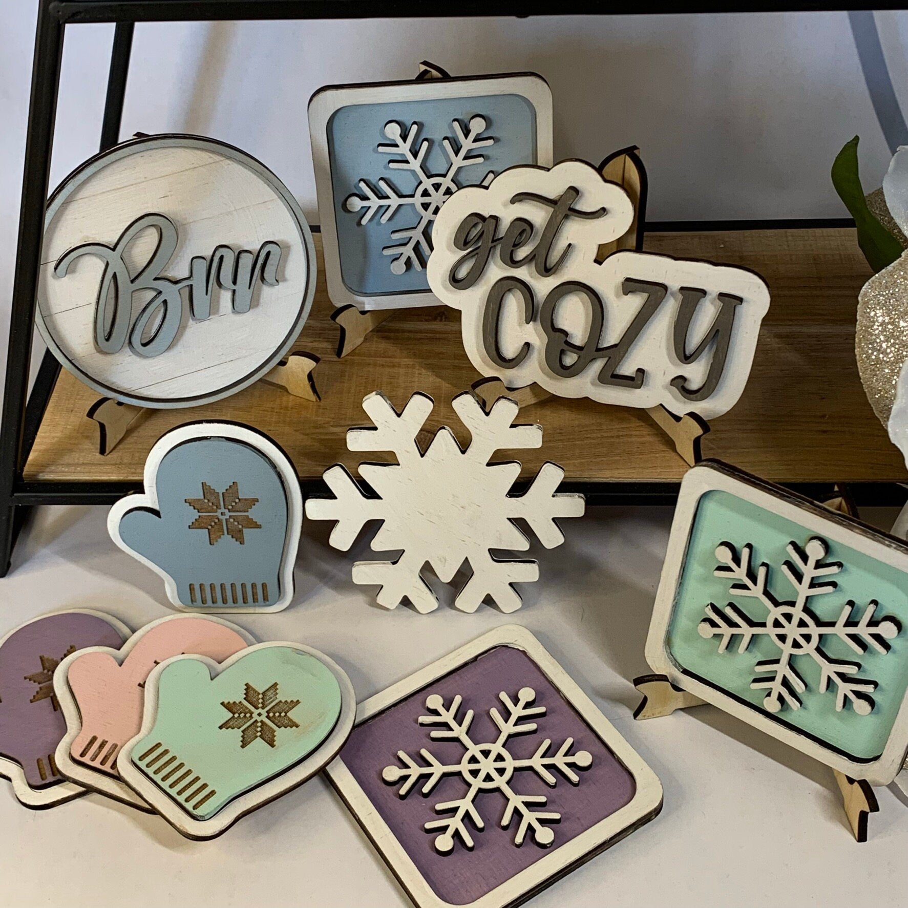 Laser Cut File - Snowflake and Snowman Theme Tiered Tray Pieces - Digital Download SVG, DXF, AI files