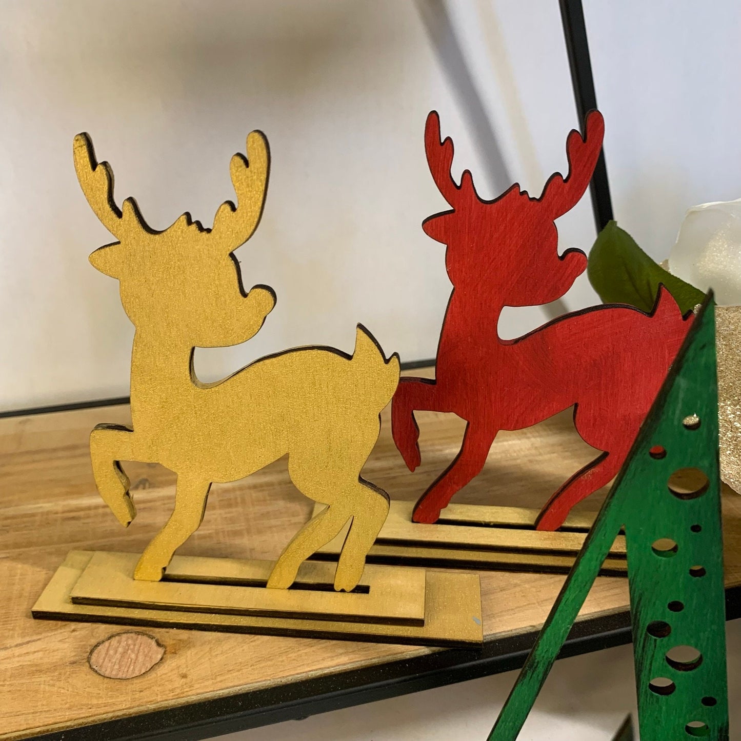 Retro Reindeer and Polka Dot Trees - Christmas Tiered Tray Decor - Laser Cut Wood Painted, Mid Century Modern Theme Decorations