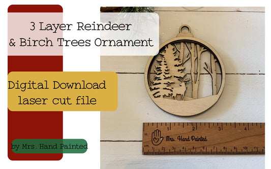 Laser Cut File - 3 Layer Reindeer Ornament with Birch Trees Background - Digital Download SVG, DXF, AI files, Glowforge Files