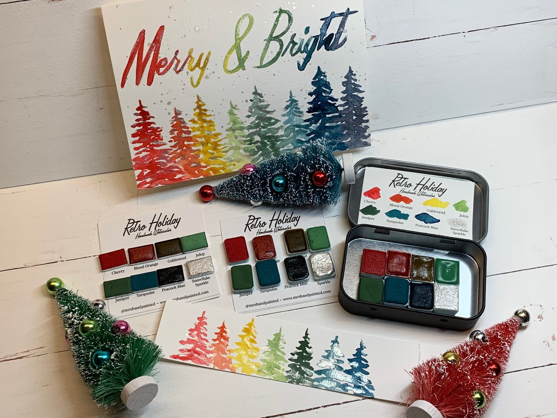 Handmade Watercolor Paints - RETRO HOLIDAY - Artisan Paint Palette, Set of 8 Half Pans, 7 Matte, 1 Shimmer, Christmas Colors