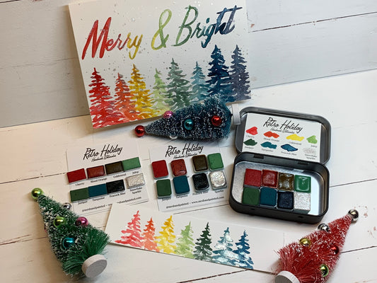 Handmade Watercolor Paints - RETRO HOLIDAY - Artisan Paint Palette, Set of 8 Half Pans, 7 Matte, 1 Shimmer, Christmas Colors