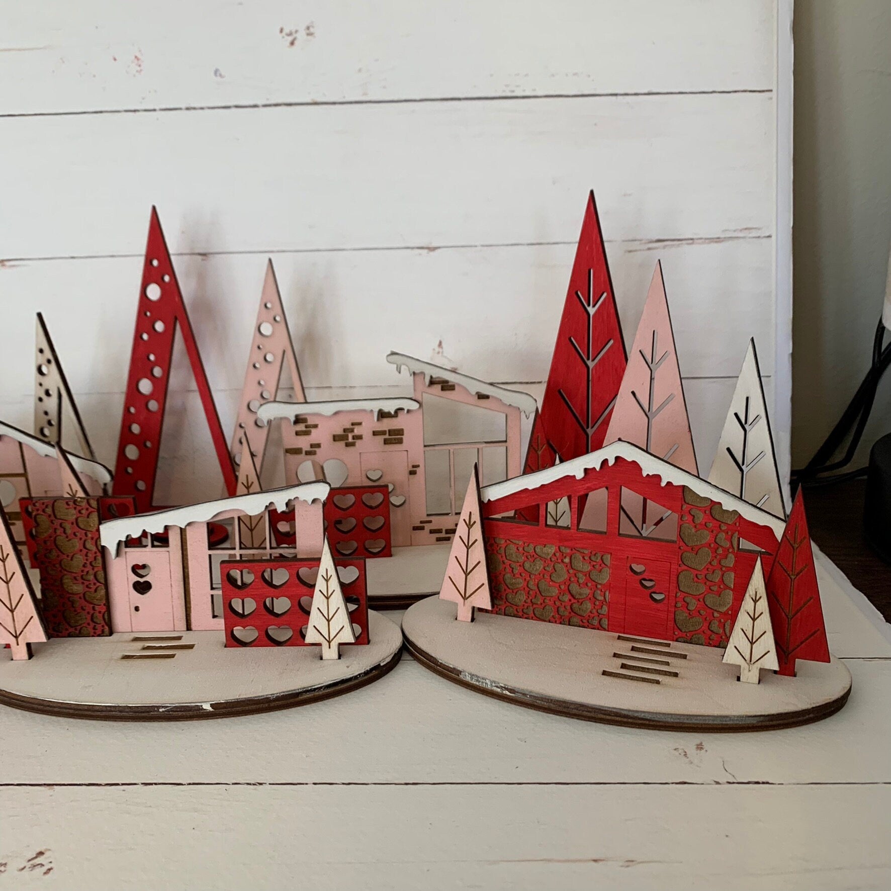 Laser Cut File - Retro Putz Houses Valentine Village - Digital Download SVG, DXF, AI files - Mid Century Modern Style Decor