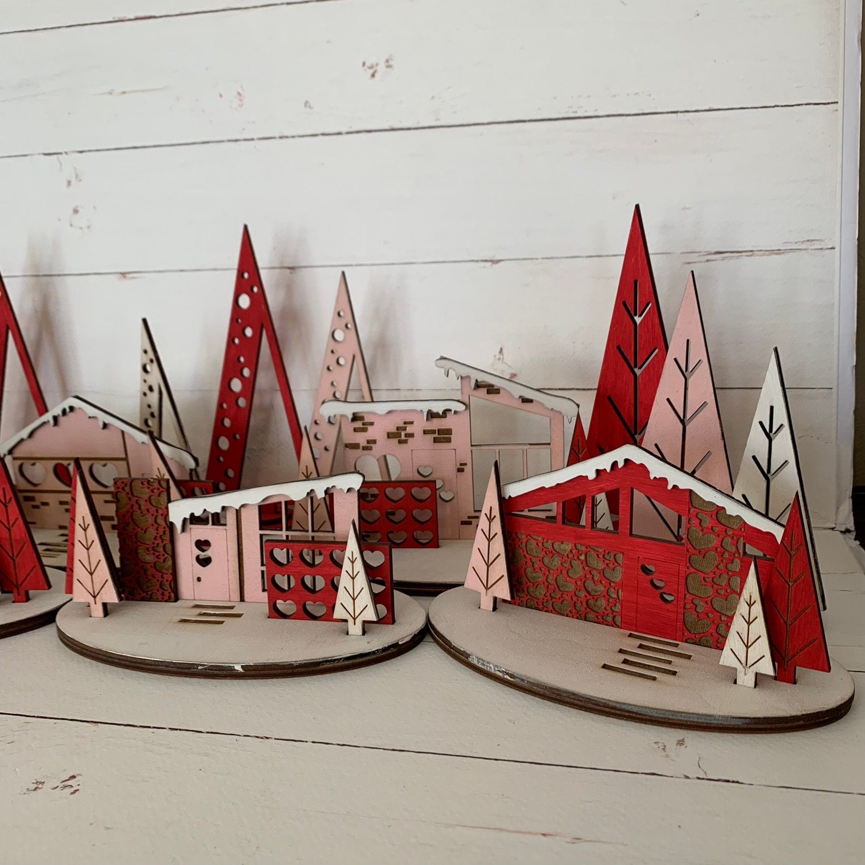 Laser Cut File - Retro Putz Houses Valentine Village - Digital Download SVG, DXF, AI files - Mid Century Modern Style Decor