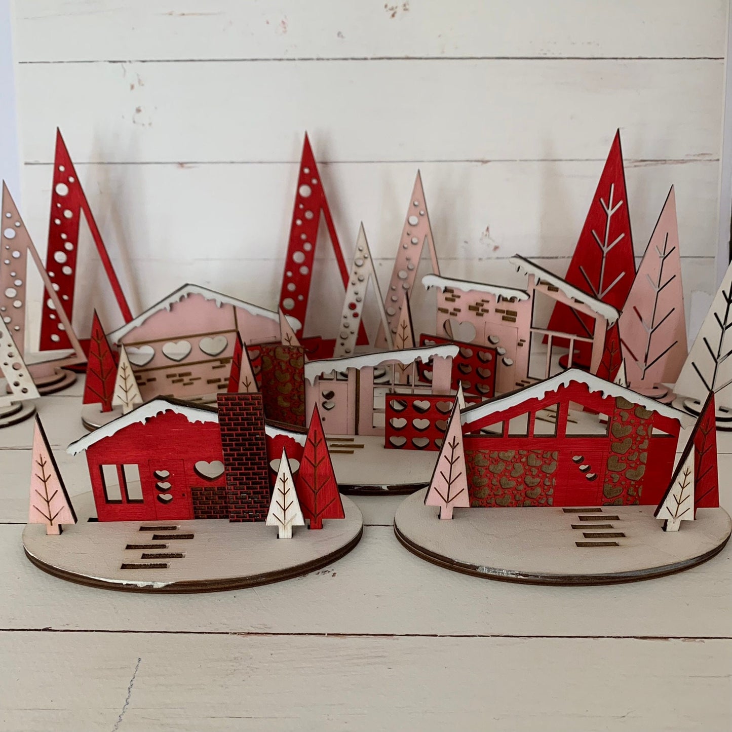 Laser Cut File - Retro Putz Houses Valentine Village - Digital Download SVG, DXF, AI files - Mid Century Modern Style Decor