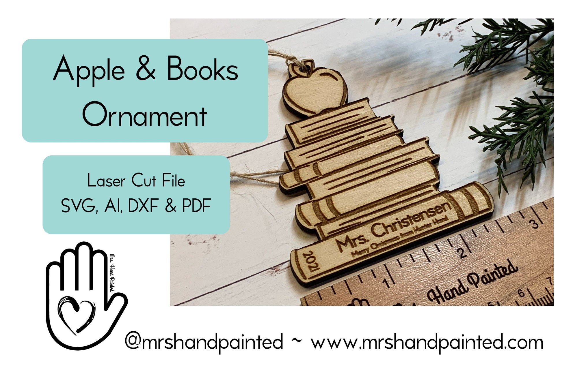 Digital Cut File - Laser Cut Wood Book Stack with an Apple Ornament - Personalized Teacher Gift, Gift for Librarian or Teacher
