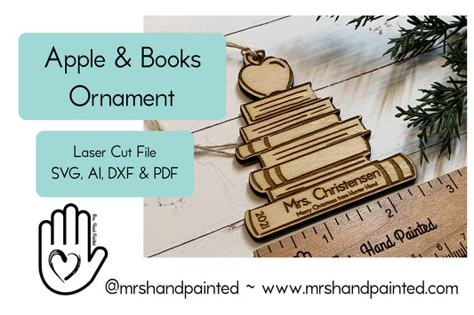 Digital Cut File - Laser Cut Wood Book Stack with an Apple Ornament - Personalized Teacher Gift, Gift for Librarian or Teacher