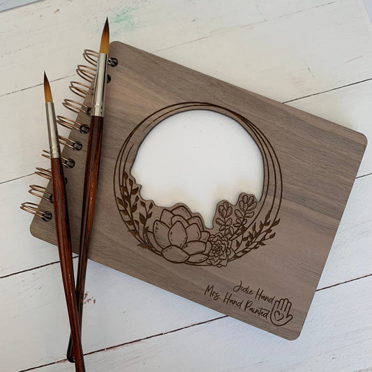 Personalized Watercolor Sketchbook, Hand Drawn Succulent Wreath Laser Engraved Wood, Spiral Binding with Cotton Watercolor Paper
