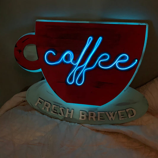 Faux Neon Coffee Cup Sign - Retro Style Wall Hanging - Laser Cut Wood - Fresh Brewed Coffee Neon Sign