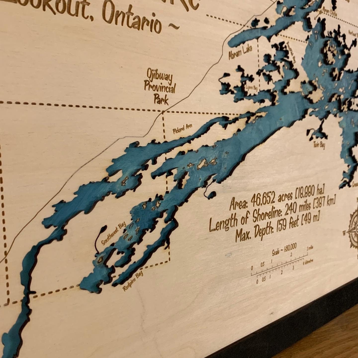 Laser Cut Engraved Wood - Minnetaki Lake Map - Sioux Lookout Ontario Canada Frame Trim 16x20 Inches